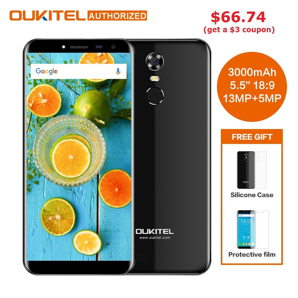 Oukitel C8 5.5 Inch 18:9 HD Screen Mobile Phone MTK6580A Quad Core 2GB RAM 16GB ROM 13MP Android 7.0 3000mAh Touch ID Cellphone