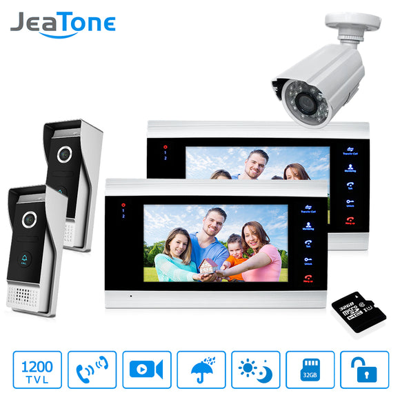 7'' Video Door Phone Doorbell Intercom Motion Detection Access Control 2 to 2 Intercom System +1200TVL Outdoor Camera + 32G Card