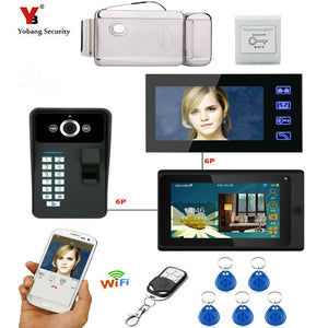 Yobang Security 7" 2 Monitors Wired /Wireless Wifi Video Door Phone Doorbell Intercom System with Fingerprint RFID Password Cam