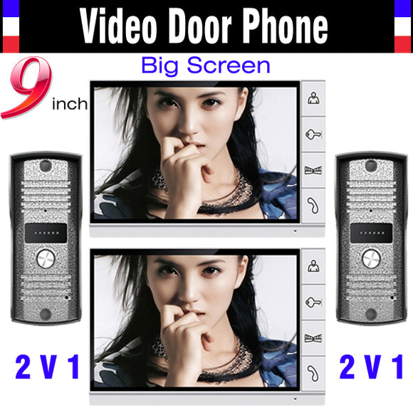 Big Screen 9 Inch Color Wired Video Door Phone Intercom System 2-Camera -Monitor Video Doorbell pinhole alloy night vision cam